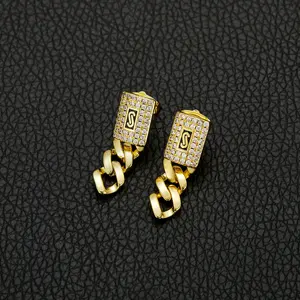 Bling "S" Letter Cuban Chain Drop Earrings Gold Finish Elegant Design for Statement Outfits