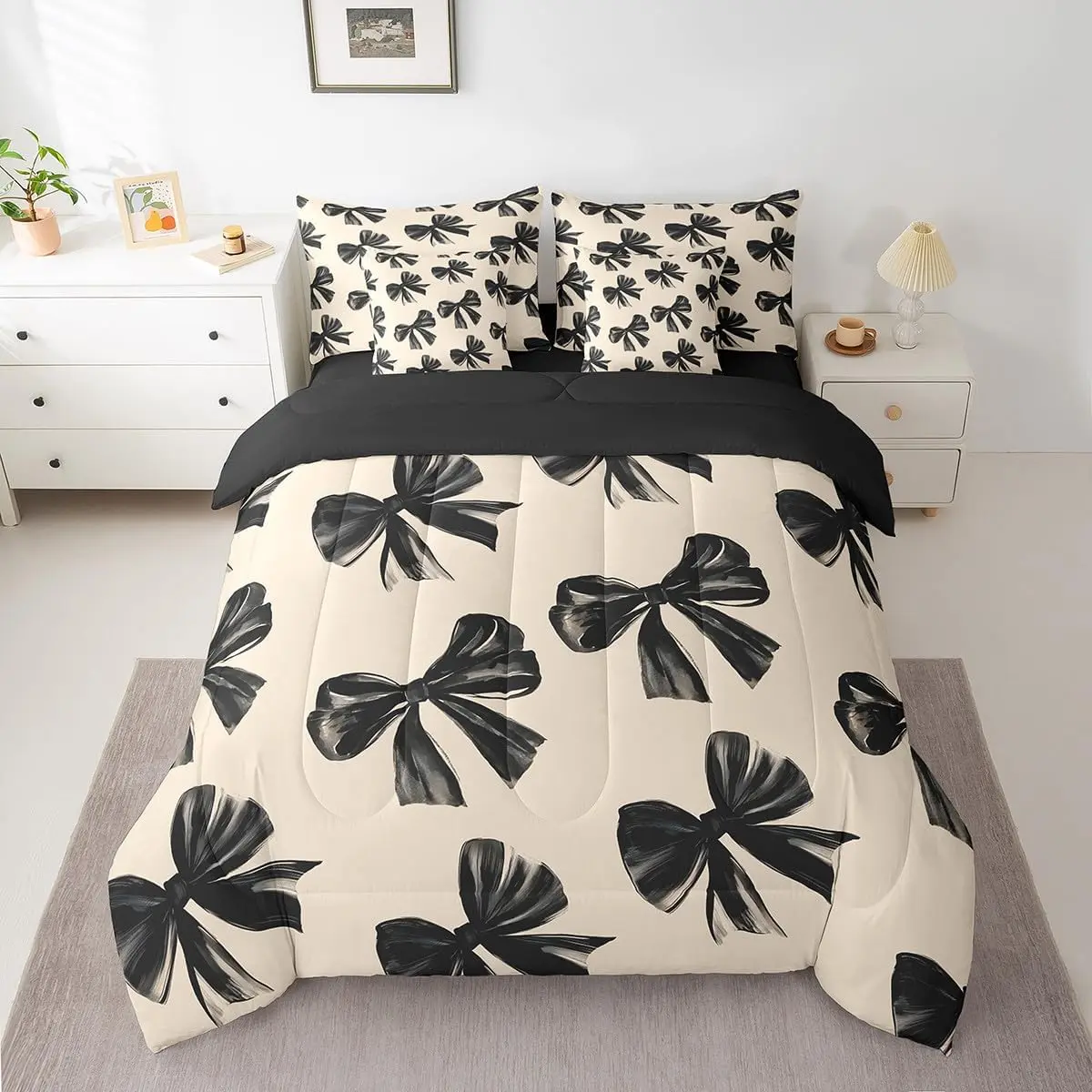 Feelyou 7-Piece Ultra Soft Microfiber Bow Bedding Set in a Bag - Soft, Decorative Watercolor Bowknot Comforter, Black Bow Tie Accents, Black White Sheets for Teen Adults, Room Decor, Soft Bedding Sets