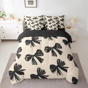 Bow Bed in A Bag,with Sheets,Black Bow Tie Bedding Set for Teen Adults,Room Decor,Watercolor Bowknot Comforter Set,7 Piece Black White Sheet Set