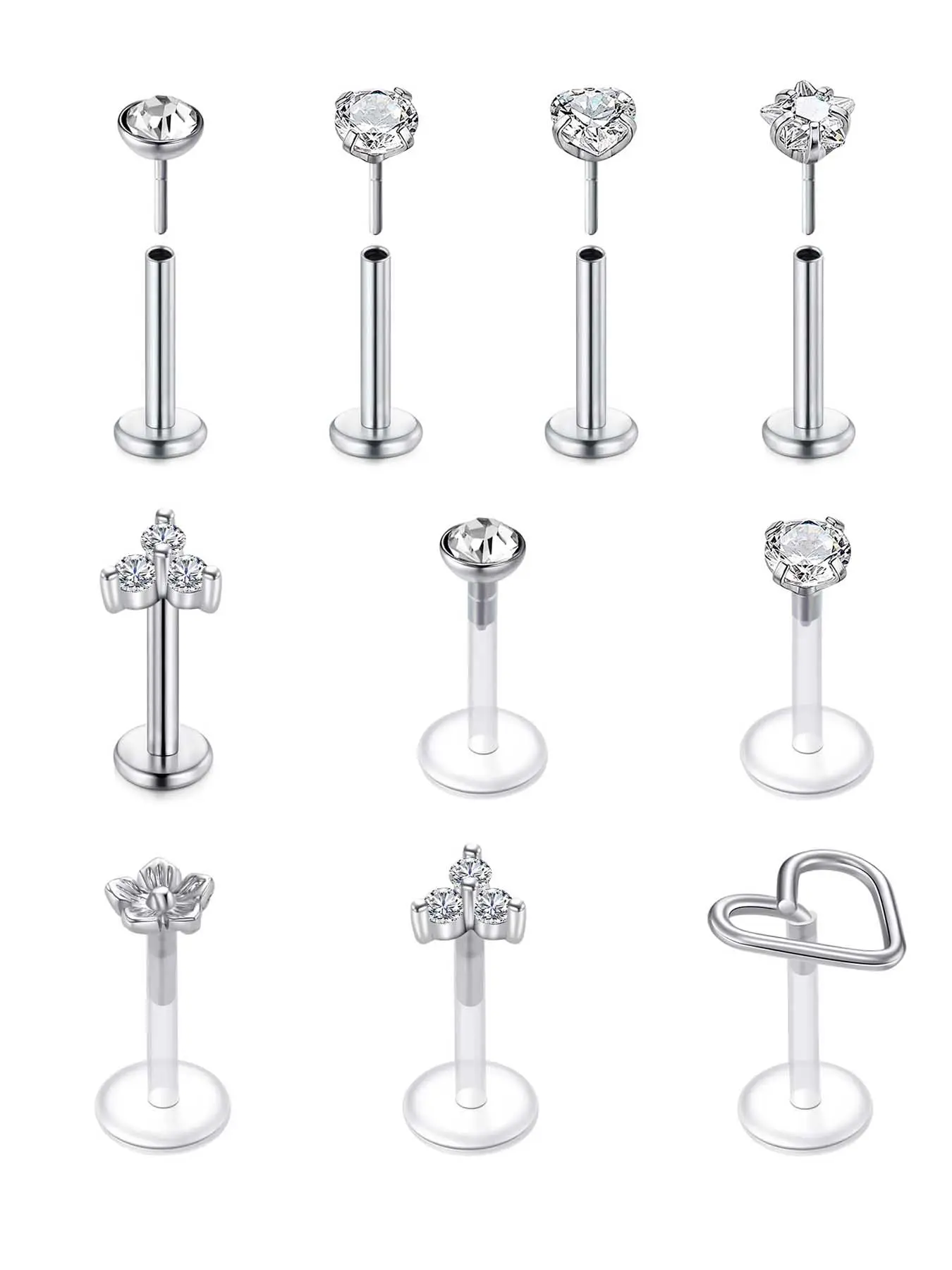 16G Tragus Earrings Mixed Styles Bioflex Stainless Steel Lip Rings Labret Monroe Piercing Clear Helix Piercing Threadless Lip Stud Rings 10PCS 8/10MM