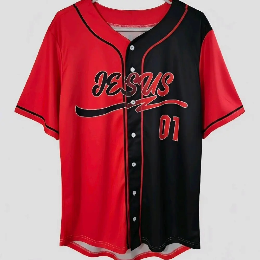 Unisex Short-Sleeve Baseball Jersey, Machine-Washable Sportswear Clothing, Red and Black split design