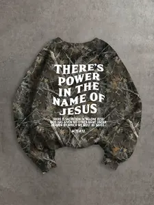 Men's Round Neck Long Sleeve Camo Fitted Pullover Sweatshirt, Letter Print, Religious Faith Christian Men's Clothing, Comfortable & Stylish, Spring & Fall