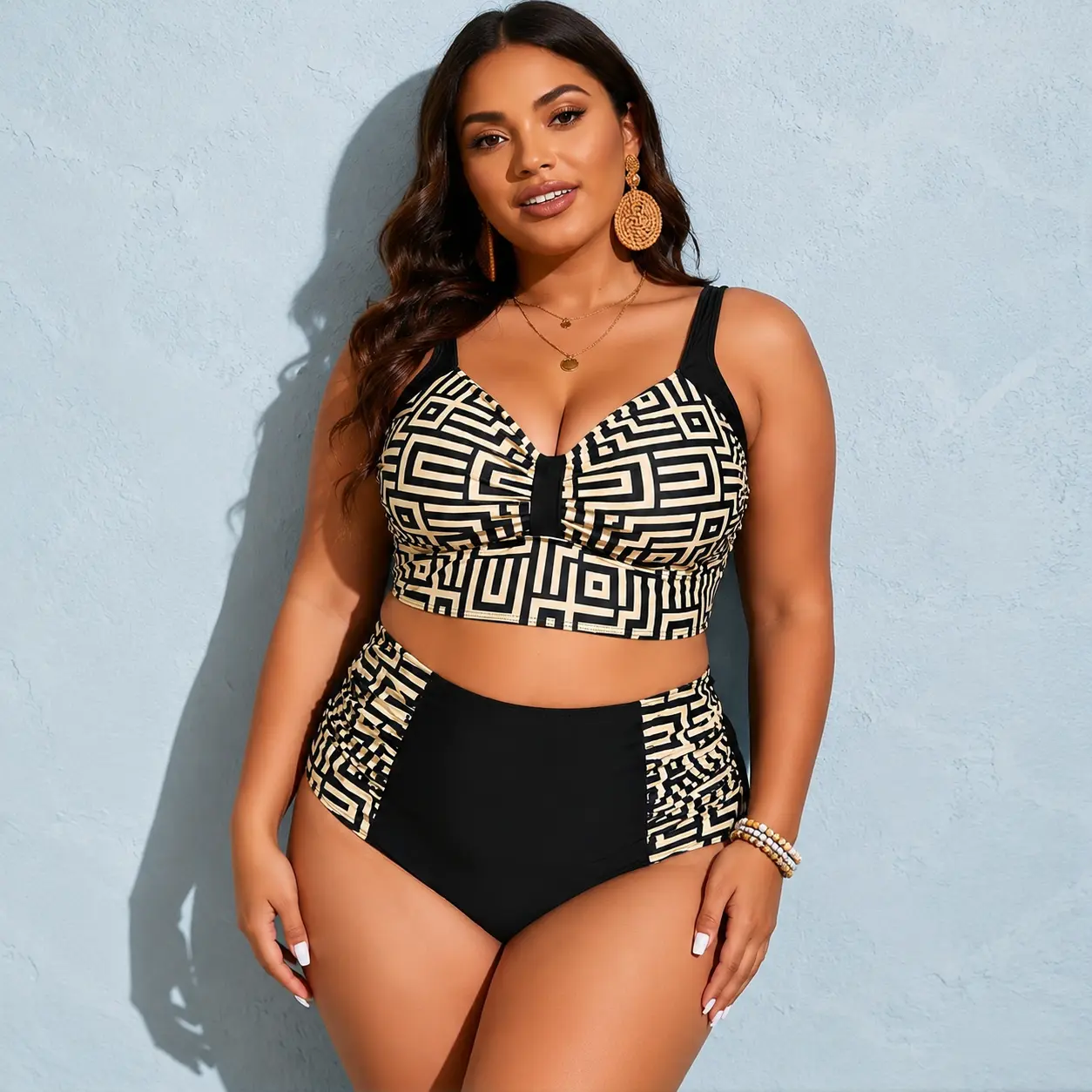Plus Size High Waisted Bikini Set Black Beige Geometric Print Two Piece Swimsuit V Neck Longline Bikini Top Contrast Panel High Waist Bottom Resort Pool Beach Vacation Swimwear for Women Graphic Swim Set