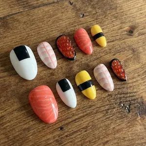 3D Sushi Assortment Press On Nails Salmon, Shrimp and Roe Fake Nails in Short Almond Handmade Quirky Foodie Nail Art