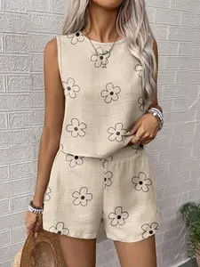 2-Piece Women's Floral Plant Print Sleeveless Top and Shorts Set, Casual Summer Vacation, Slim-fitting Crop Top and Shorts