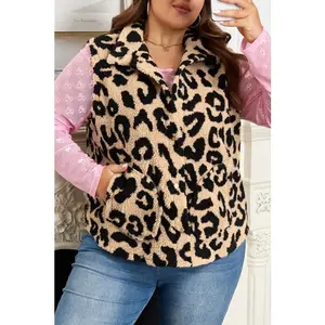 Plus Size Leopard Sherpa Buttoned Vest Jacket