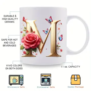 BPA Free 11oz Ceramic Mug Featuring Alphabet and Floral Design Microwave Safe Portable Wide Mouth Perfect for Celebrations and Events