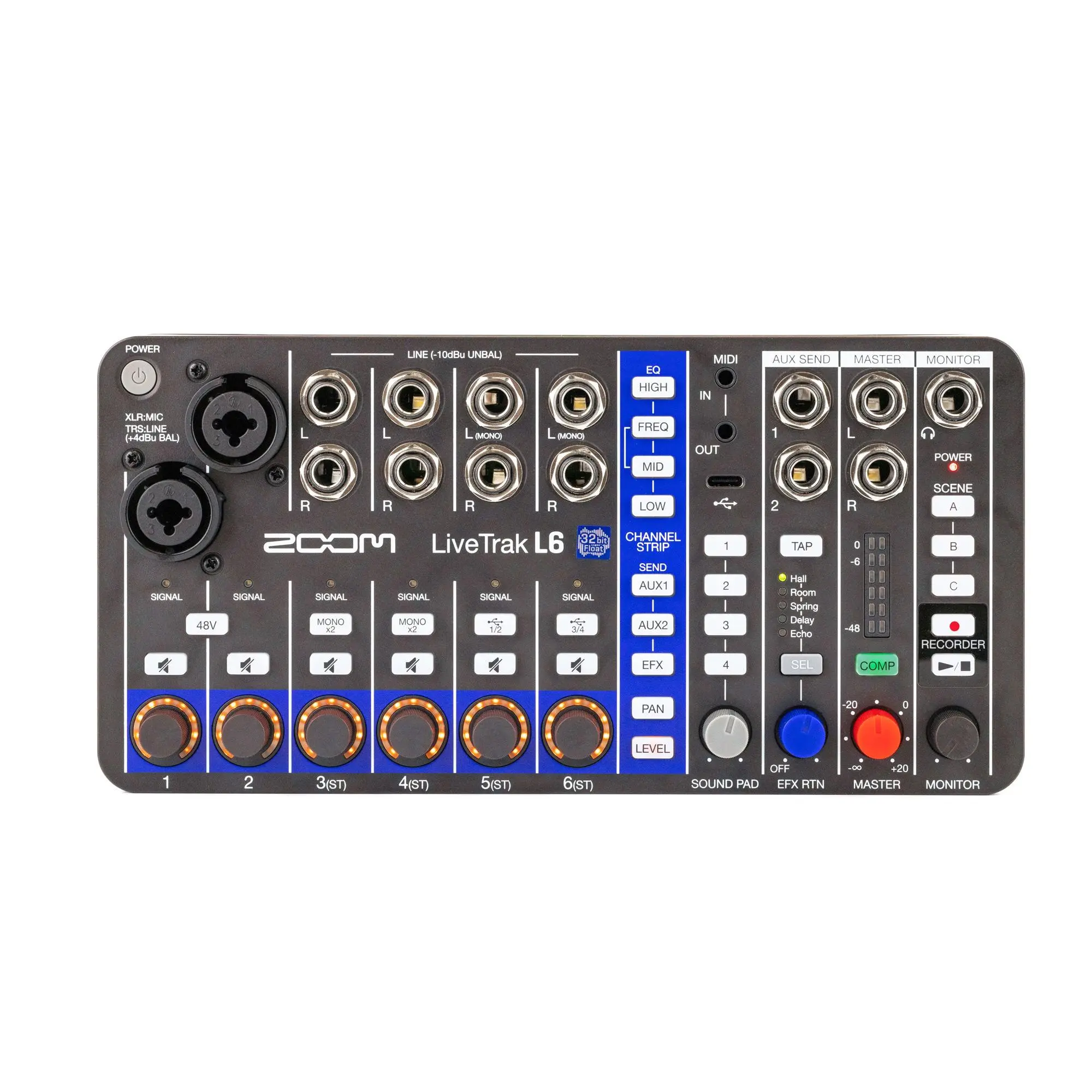 Zoom LiveTrak L6 Portable 10-Track Digital Audio Mixer & Recorder - 32-bit Float, 2 XLR/TRS Combo Inputs, 4-Stereo ¼” Inputs, Advanced Compressor, Stereo Recording, Card Compatible