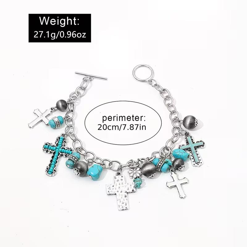 Vintage Ethnic Cross Pendant Bangle Western Cowboy Beach Bracelet Bohemian Chic Turquoise Beads OT Buckle Handmade Cross Drop Vacation Bracelet Party Birthday Gift