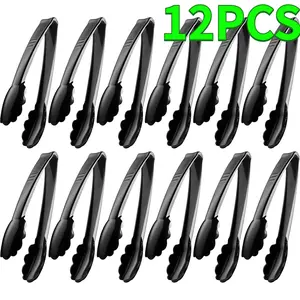 12PCS 9 in Plastic Tongs for Serving - Heavy-Duty Hard Plastic Reusable or Disposable Serving Tongs for Catering, Dinner Parties, Banquets, Buffets, Events, Weddings and Everyday Use, Black Kitchen Set Utensils