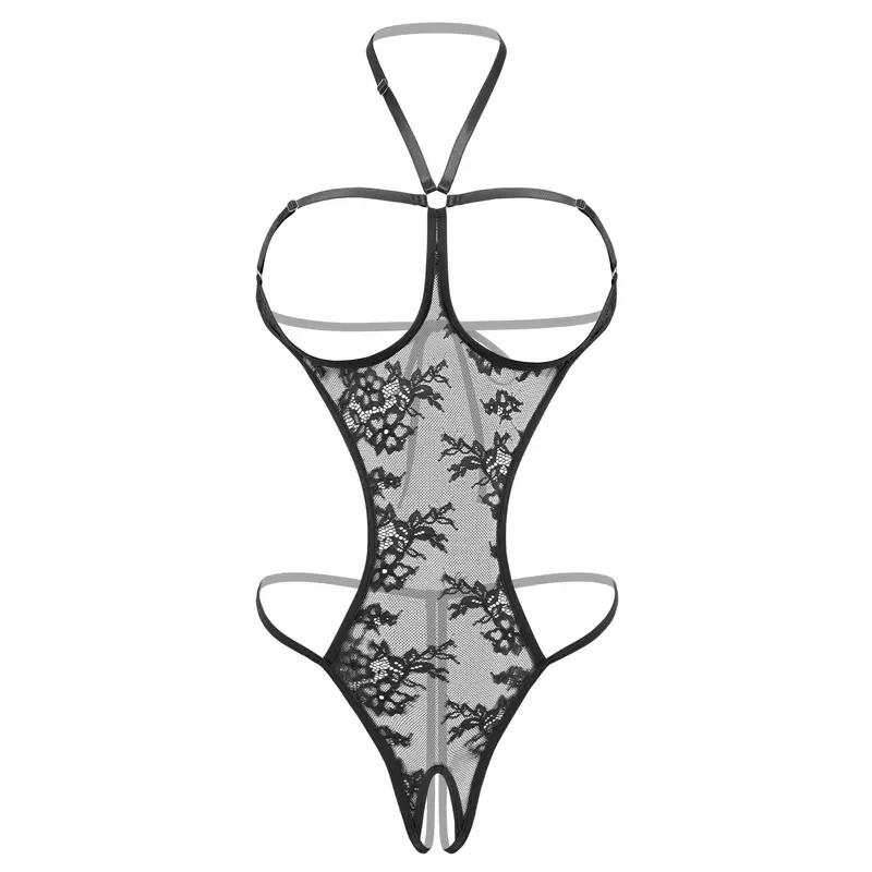 sexy lingerie skinny AESKEIA Women Babydoll Lingerie Lace Plunge Halter Bodysuit Sleepwear Black  L main image 0