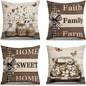 4pcs Set Farmhouse Style Linen Pillow Covers, Sweet Home Brown Throw Pillow Covers, Truck Stripe Buffalo Plaid Outdoor Decor Seasonal Pillow Covers, Sofa Cushion Covers, Single-Sided Print, Without Pillow Inserts (16"X16", 18"X18", 20"X20", 12"X20")