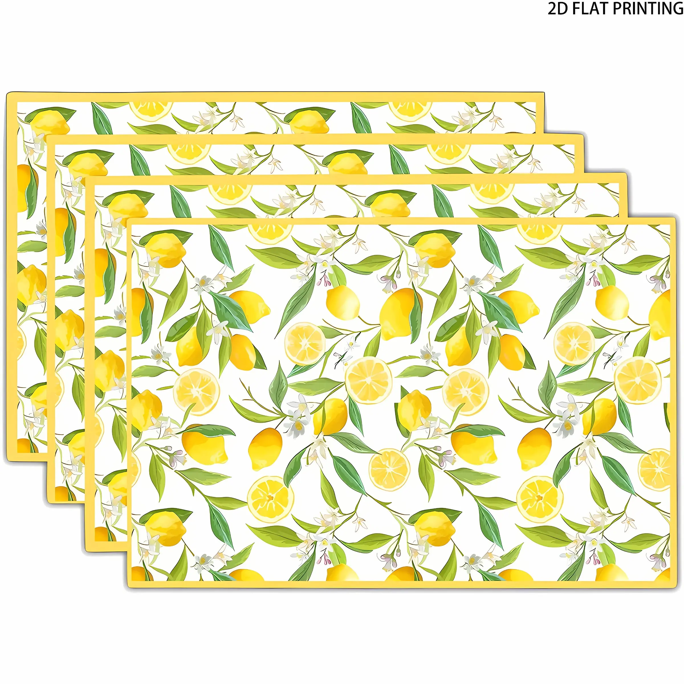 2D flat printing, 2-piece/4-piece/6-piece/8-piece set, lemon pattern Bright Vibrant yellow summer fruit flower anti slip heat-resistant washable Placemats dining table mat, kitchen dining table, home decoration 12 x 18 inches