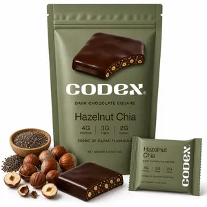 CODEX Hazelnut Chia Squares - 12 Individually Wrapped Organic Dark Chocolate Snacks with Roasted Hazelnuts & Crunchy Chia Seeds - 74% Organic Dark Chocolate - 4g Protein 3g Fiber 2g Sugar