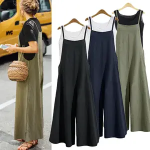 New styleWomen Straps Jumpsuit Summer Solid Color Wide Leg Pants Dungaree Bib Overalls Casual Loose Sleeveless Cotton Linen Jumpsuits 5Xl