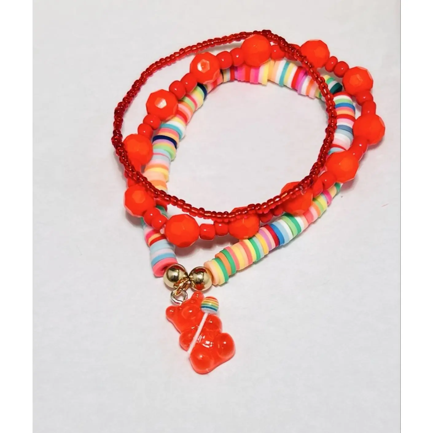 Cherry Rainbow Gummy Stack - Bold Bright Playful Handmade Bead Bracelet with Red Gummy Bear Charm 7-7.5 Inches