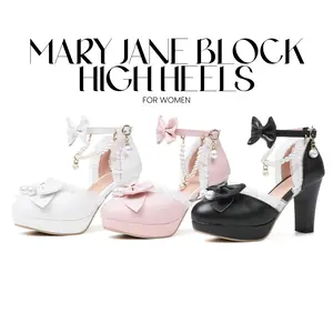 Womens Mary Jane Block High Heels Rounded Toe Bow Tie Ruffles Pearl String Bead Ankle Strap Dress Outing Wedding Party Casual Fashionable Cosplay Kawii Spring Pump Shoes