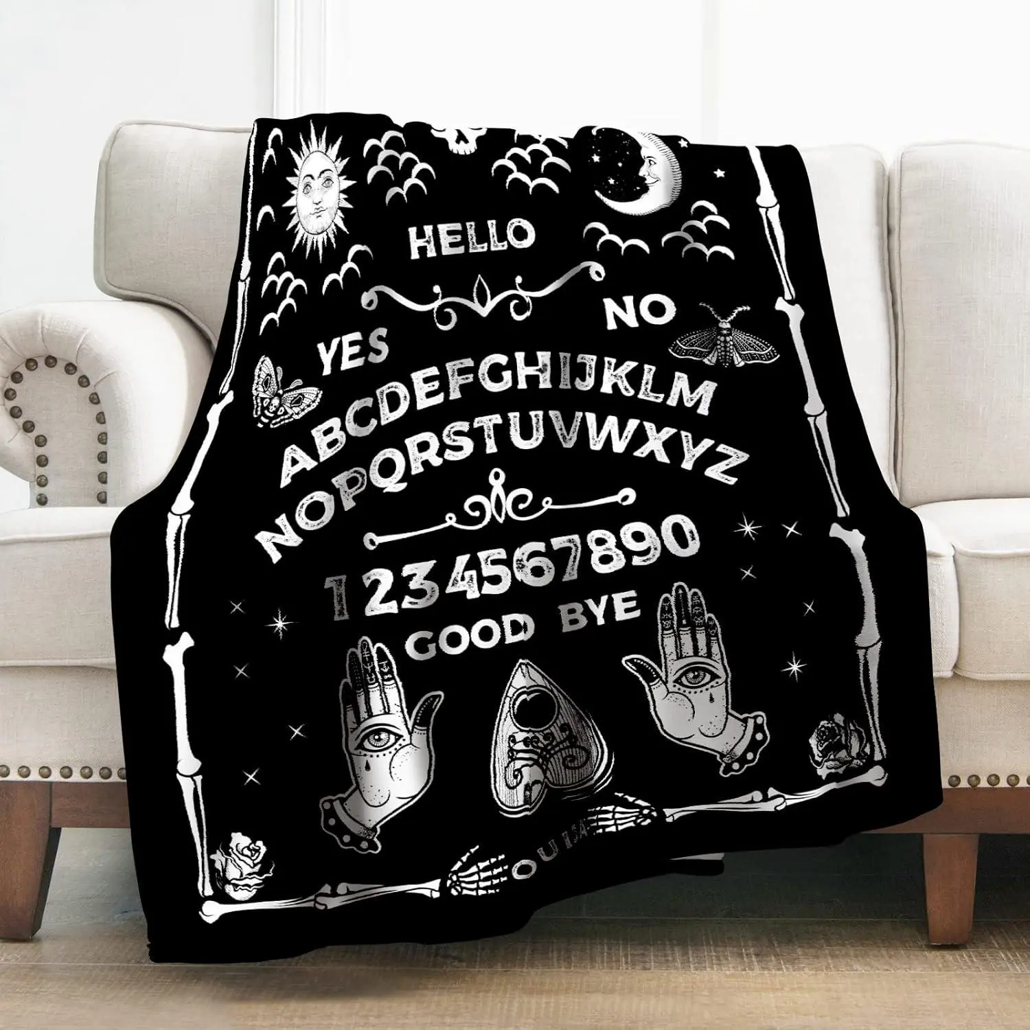 Gothic Ouija Board Full Print Flannel Throw Blanket - Wrinkle Resistant, 40x50in, 50x60in Multi-Size, Horror Motif Sun Moon Skeleton Skull Witch Tarot, Holiday Gifts for Goth Fortune Tellers, Grandparents, Flannel Texture