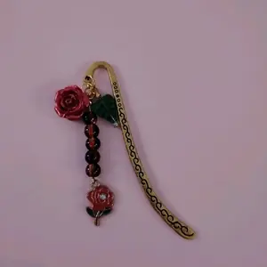 Red Rose Book Hook Bookmark Handmade with glass bead accents