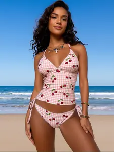 2026 summer cute pink plaid cherry print two-piece swimsuit set V-neck halter swimwear two-piece set perfect for beach vacation, pool party