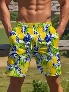 Men's Lemon Print Beach Shorts Trunks, Summer Vacation Casual Swimwear, Loose-Fitting Drawstring Waist, Short Pants, Fashionable and Eye-Catching