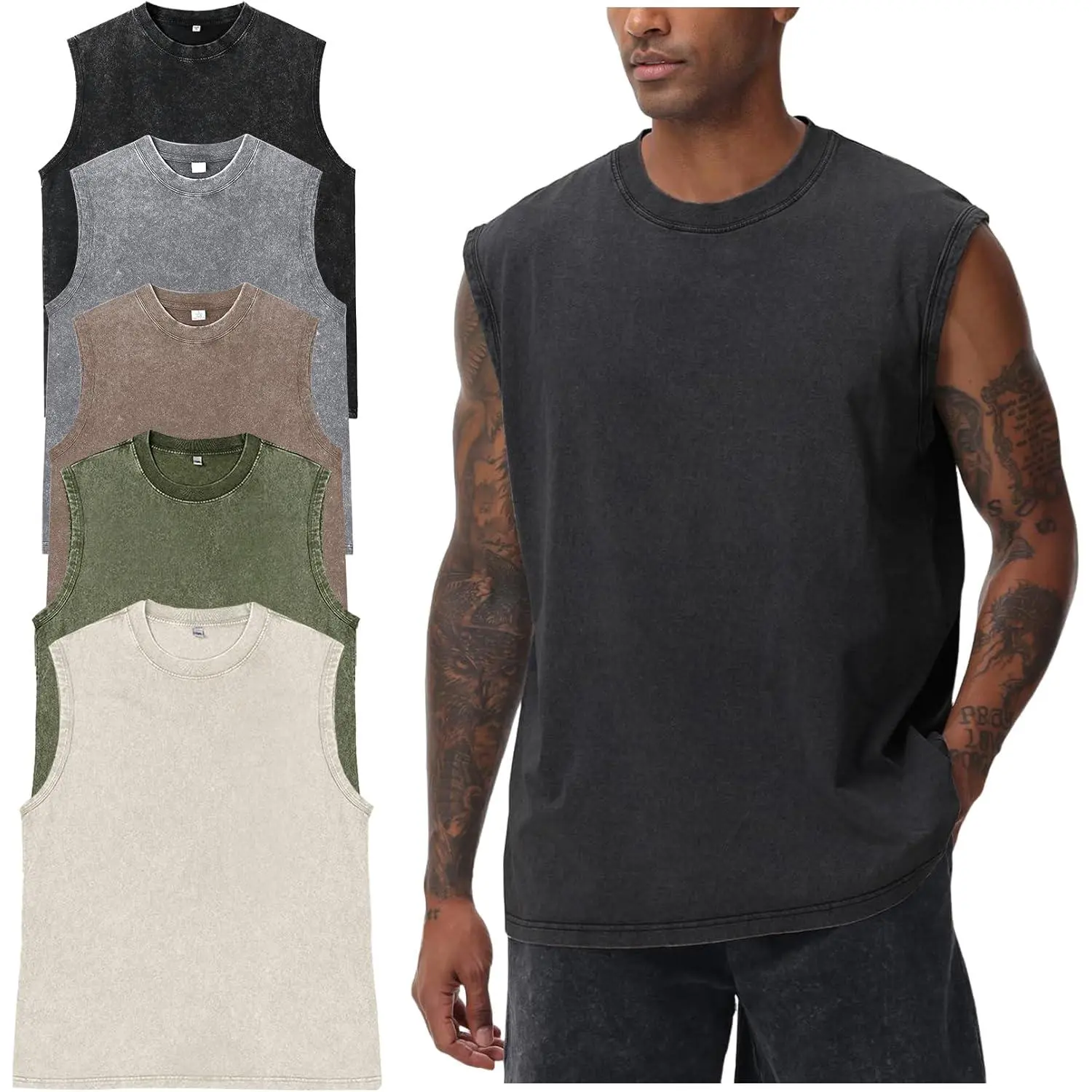Arssm 5 Pack Acid Wash Tank Tops – Oversized Cotton Sleeveless Workout Shirts, Loose Muscle Tees for Gym Running Streetwear Summer Outfits