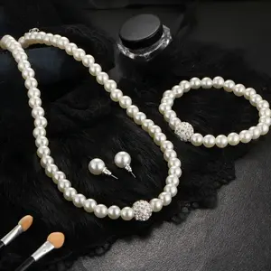 Jewelry - 3 PCS Set Imitation Pearl Necklace Bracelet Earring Stud Set Fireball Pearl Beaded Women Luxury Bridal Party Jewelry Set