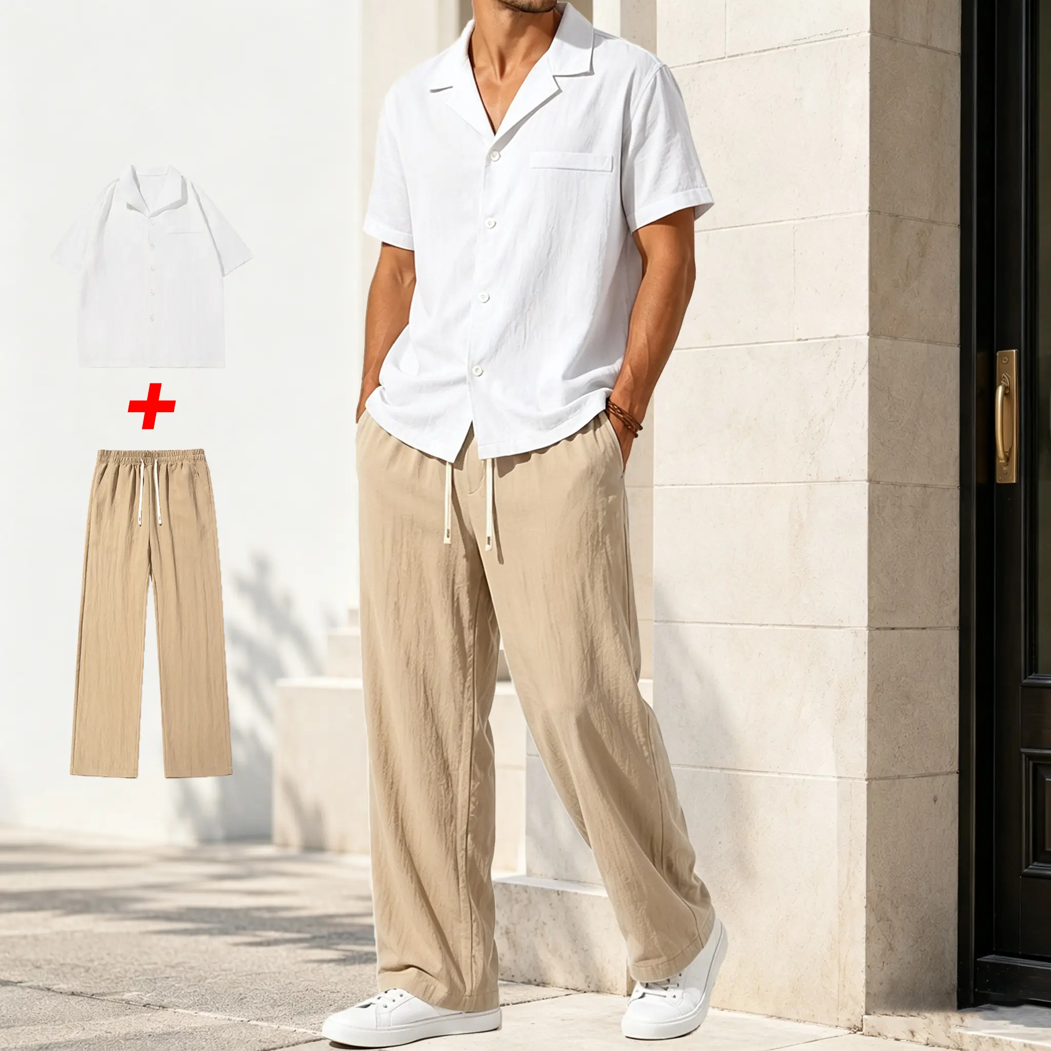 Men’s linen two-piece set, breathable wrinkle-resistant linen matching outfit featuring a turn-down collar button-front short-sleeve shirt + wide-leg pants with an elastic drawstring waistband, casual summer everyday wear.