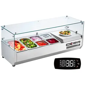 Refrigerated Condiment Prep Station, 135 W Countertop Unit, Two 1/3-Size Pans And Four 1/6-Size Pans, 304 Stainless Steel Body With PC Lid, Sandwich Prep Table With Glass Guard, ETL Listed