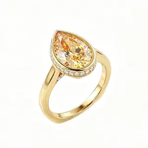 ZR "Sun Drop" Bespoke 5ct Pear Ice‑Cut Yellow Moissanite Halo Gold Plated S925 Silver Statement Ring -【Val】#4844