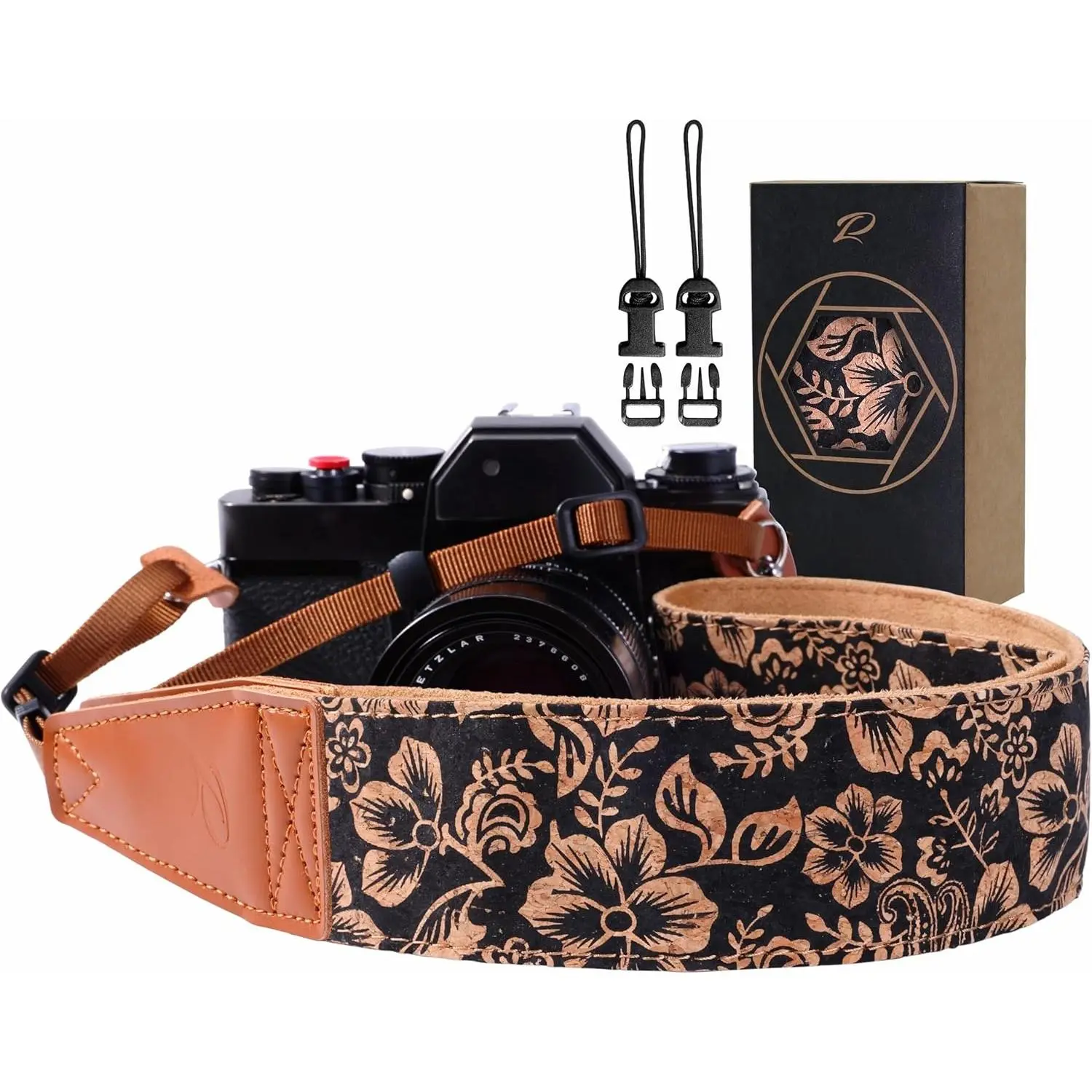 SQ-CLC004 2” Wide Cork Camera Strap - Top Layer Cowhide Head Strap with Cross Lock Metal Buckle, Natural Log Crackle Art Print, Soft Chamois Velvet Padding, Quick Release, 32” to 61” Adjustment, 30 lbs/13.6 kg Load Capacity for DSLR, Camcorder, Binoculars