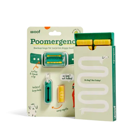 WOOF Poomergency, Portable Pill-Sized Dog Poop Bag Dispenser + 23 Durable Full-Sized Refill Bags, Fits on Key Chain or Dog Collar