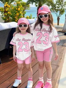 Girls' Sweet Cool Striped Sports Set, Los Angeles 23 Print Short Sleeve + Shorts, Breathable High-Waist Summer