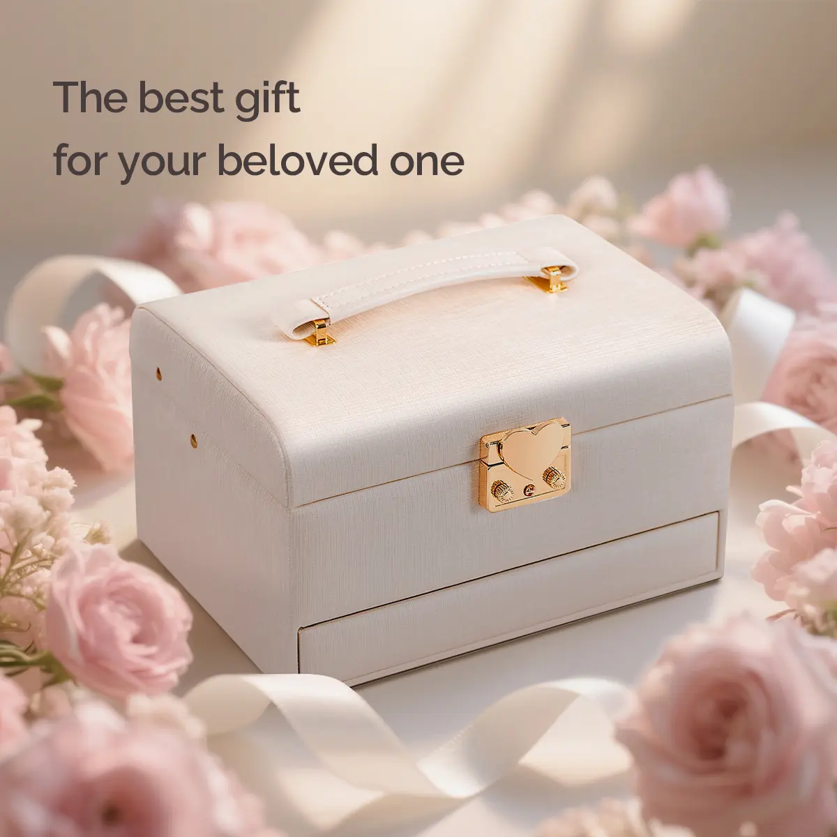 Casegrace Modern PU Leather Lockable Rectangle Jewelry Organiser with Heart Key Lock, Portable Handle to Carry, Mirror, Adjustable Hook and Loop Multi-Compartments, Home Storage Unit Gift for Her (Stores Rings, Earrings, Necklaces, Watches)
