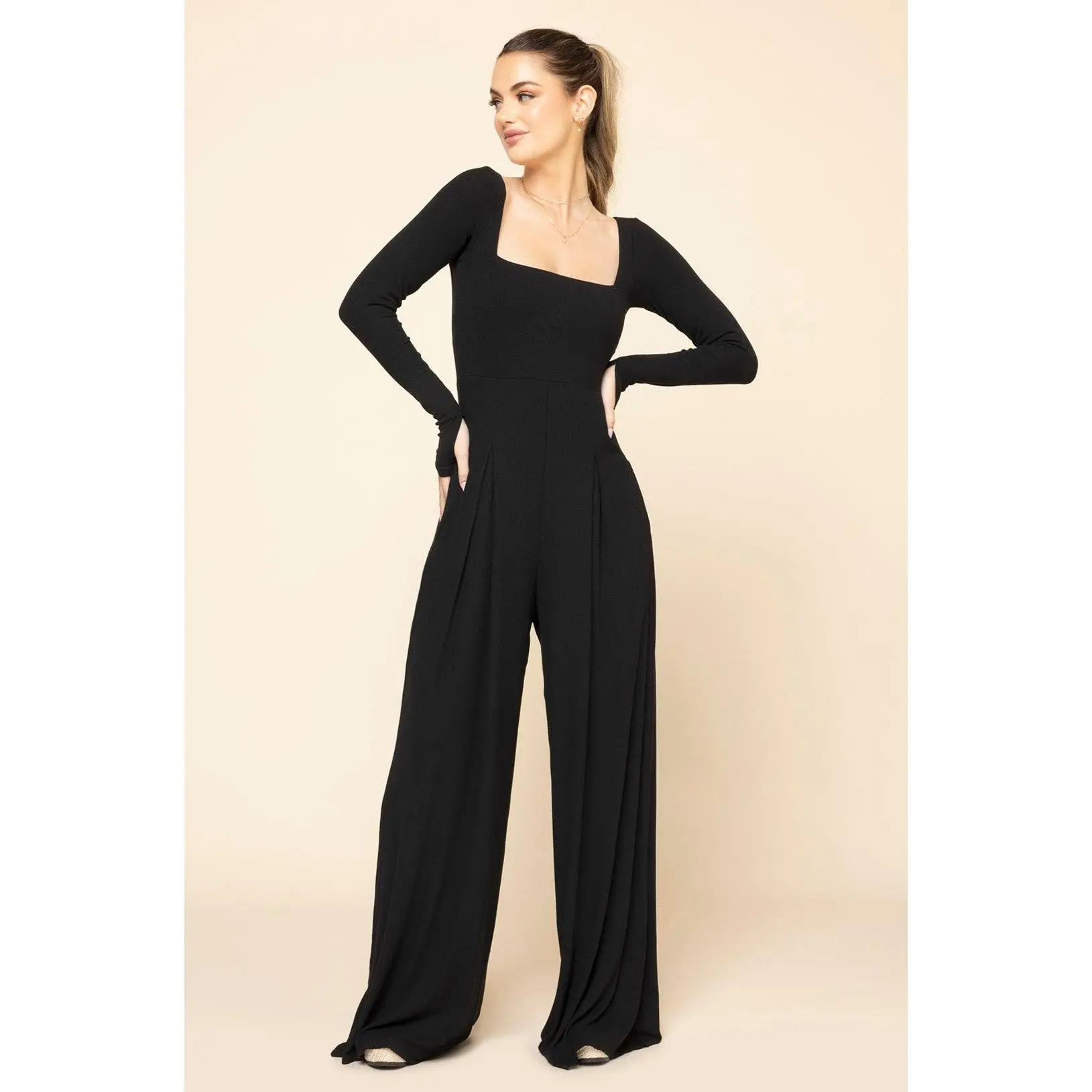 Go With The Flow Long Sleeve Jumpsuit - Black