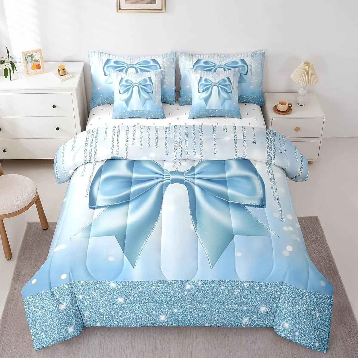 Feelyou 7-Piece Microfiber Blanket Bedding Set - Princess Style with Bowknot, Glitter Accents, Fitted Sheet, Flat Sheet, Soft Breathable Weave, Bed-in-A-Bag Bedsheet Sets for Girls, Blue Room Decor (Multi-Size)