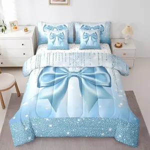 Feelyou 7-Piece Microfiber Bedding Set - Multi-Size Princess Comforter Set with Bowknot, Glitter Accents, Fitted Sheet, Flat Sheet, Breathable Weave, Bed-in-A-Bag for Teens, Blue Bedroom Decor