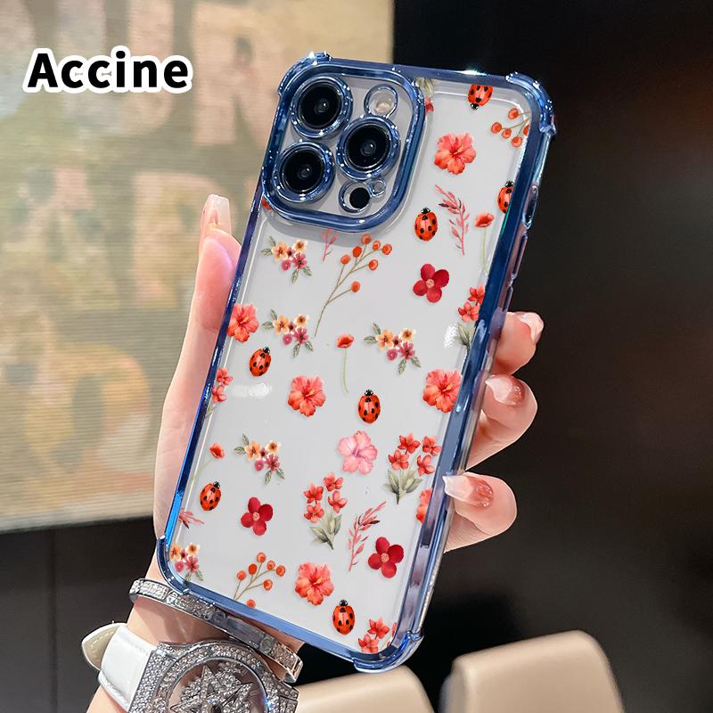 Floral Ladybug Symphony Pattern Four Corner Anti-Fall Phone Case Transparent Electroplated Protective Cover for iPhone 16 Pro Max 15 Plus 14 13 12 11 E