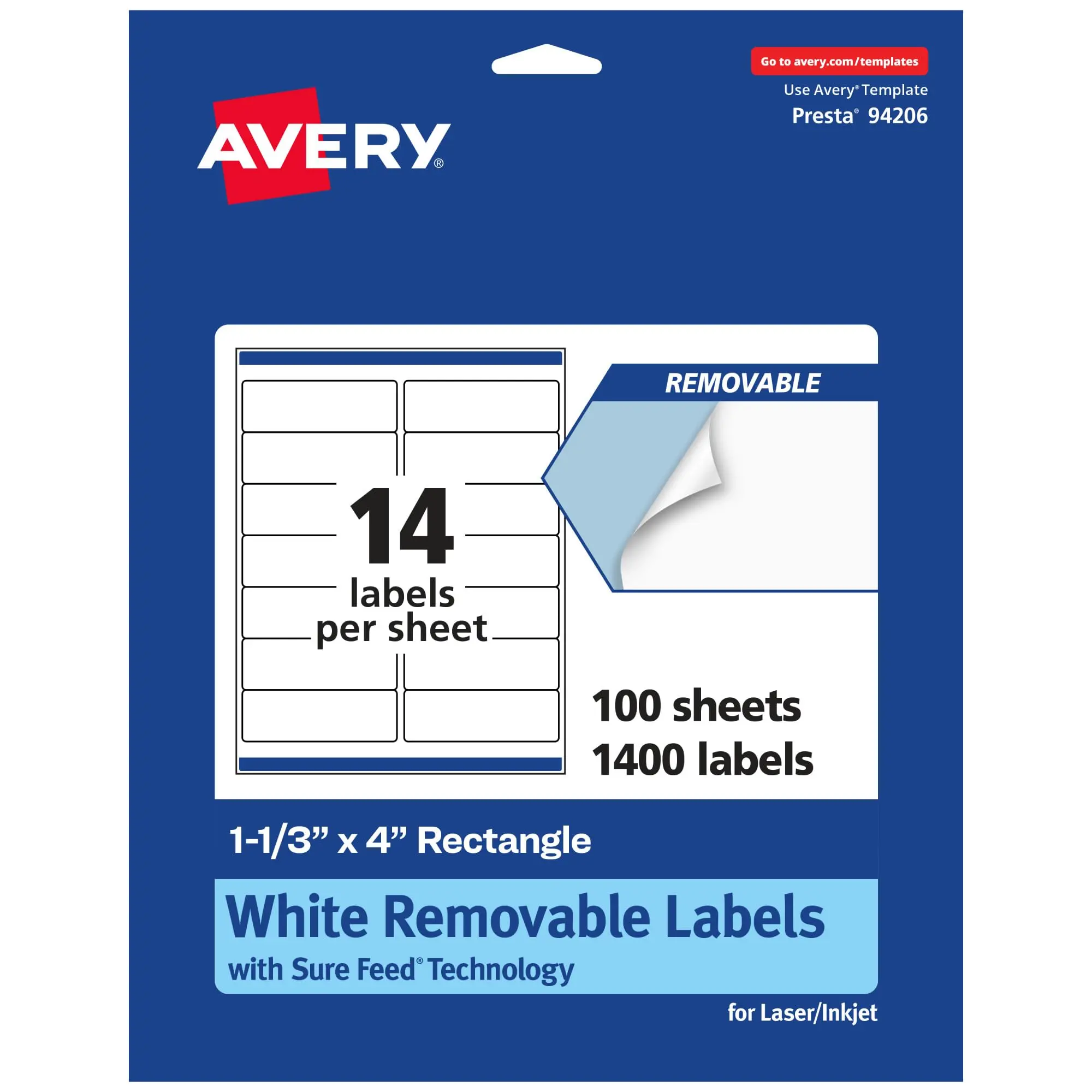 Avery Matte White Removable Rectangle Labels with Sure Feed Technology, 1-1/3" x 4", 1,400 Removable Labels, Laser/Inkjet Printable Labels