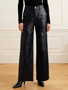 Women's Leather Pants Solid Spring Summer Elegant Fashion Daily Outwear Straight Leg Fitted Pants 2026 New High Street Workwear Pants