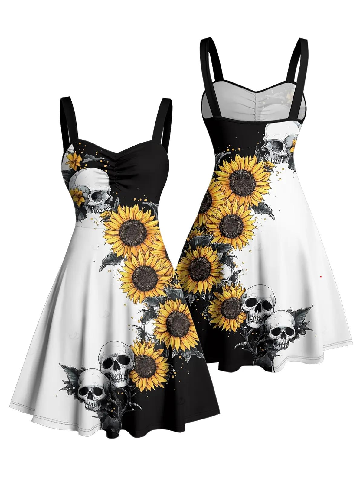 2026 Women's Gothic Dresses Contrast Color Sunflower Skulls Pattern Ruched Bust Dress Sweetheart Neck A Line Mini Holiday Dress