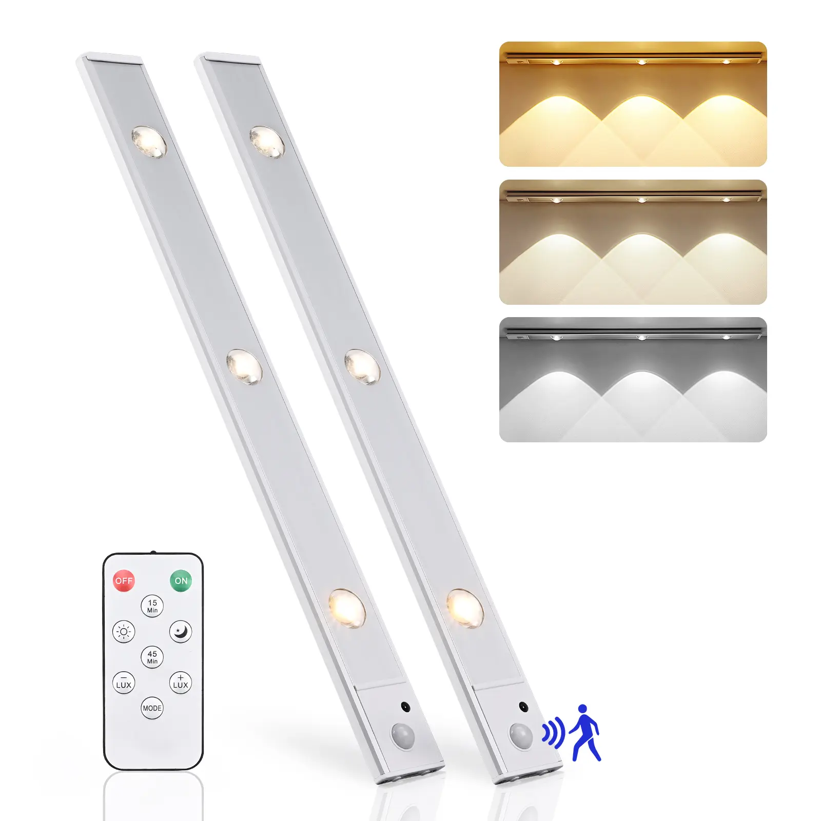 LEDDOTEC Smart Motion Sensor Under Cabinet Lights (2 Pieces), Wireless Magnetic Installation, Large Rechargeable Batteries, 3 Color Modes, Wireless Remote Control, Indoor Home Improvement Lighting for Display Cabinets