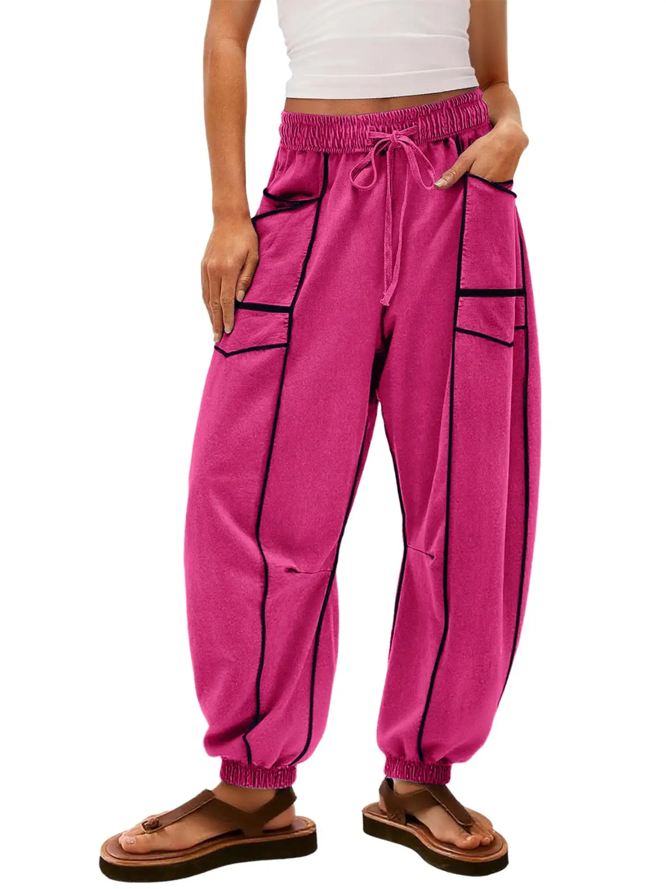 Women's New Basic Loose Wide Leg Pants, Trouser, Casual Everyday Adjustable Drawstring Waistband, Large Pockets, Elastic Cuff Hem, All Season Comfortable Fit Bottom, Womenswear