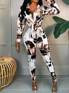 Women's Casual Two-Piece Set, Button Front Long Sleeve Top & Slim Fit Pants, Fashionable Spring & Fall, Stylish Daily Wear