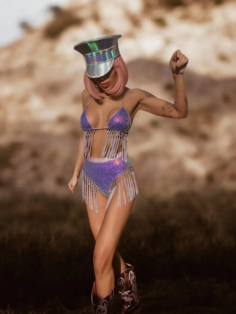 Purple Sequin Fringe Festival Outfit Sequined Cosmic Rave Set EDM Festival Metallic Mermaid Bikini Doll Costume Cowgirl Festival Outfit for Women's Wear - Womenswear, Clothes
