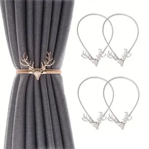 4-Pack Bohemian Adjustable Curtain Hooks, Deer Shape Spring Curtain Tiebacks, Stretchable Curtain Straps, Door Curtains Fasteners, Home Decor Organizer Rings