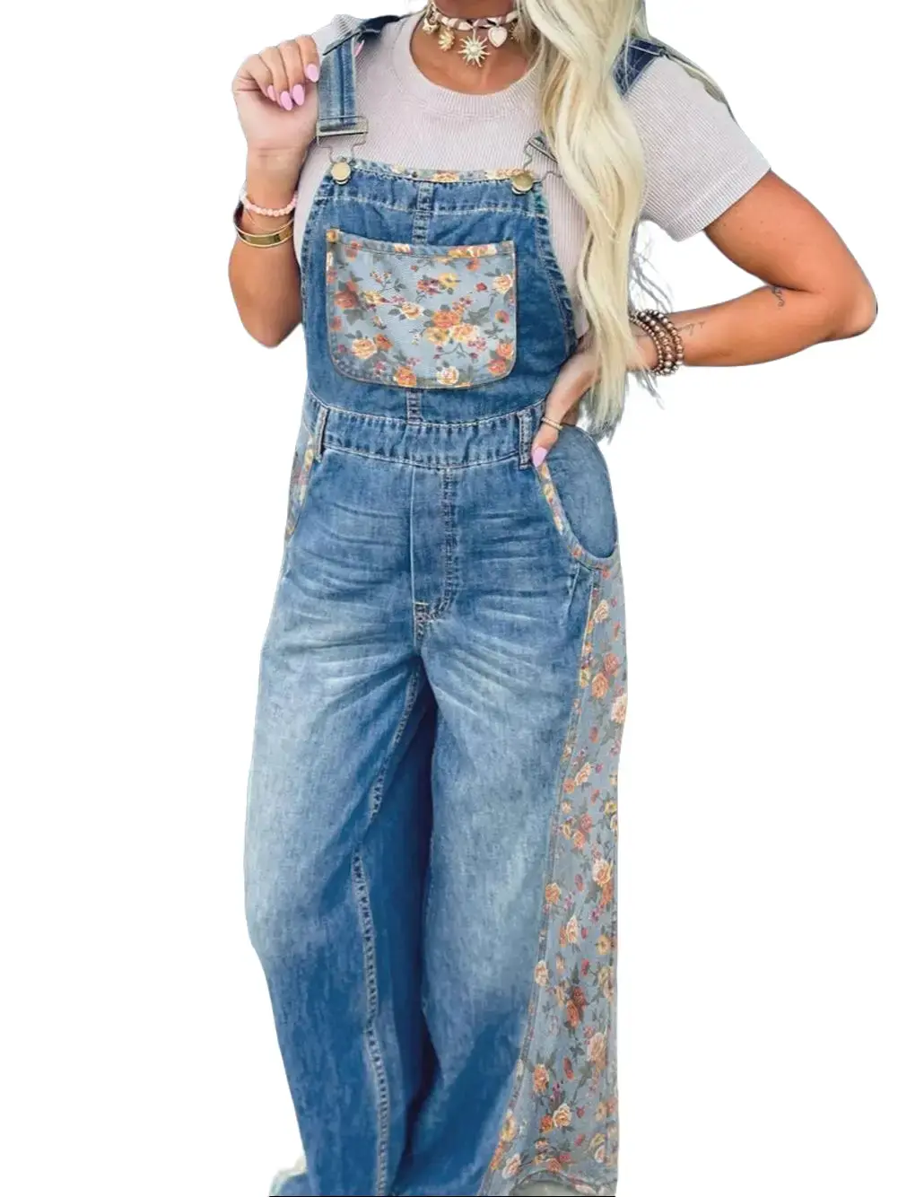 Women's Denim Jumpsuit - Sleeveless Strappy Collarless Patchwork Floral Bib Overalls, 70s Inspired Boho Chic Retro Western, Adjustable Wide Legs, Buttons, All Season, Machine Washable Baggy 1-Piece Rompers, Casual, Baggy Overalls, Adjustable Straps