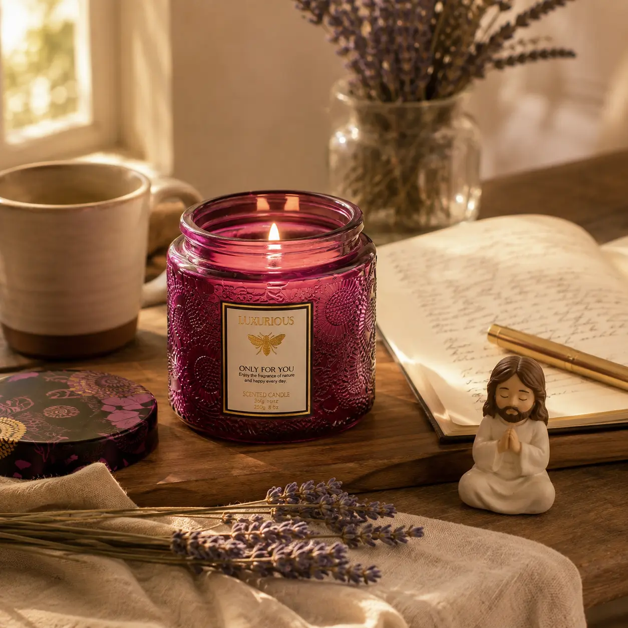 Non-Toxic Organic Soy Juniper Lavender Candle, 8.8oz Vintage Embossed Purple Glass Jar, Spiritual Home Decor with "May God Bless This Grace-Filled Home" Message for Prayer & Meditation