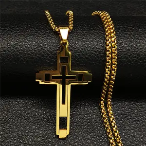 Gold Die-Cut Cross Necklace,Multi Section Cross Necklace for Men Women Industrial Men Solid Stainless Steel Chain Silver Gold Waterproof Crucifix Jesus Jewelry,decorative trim