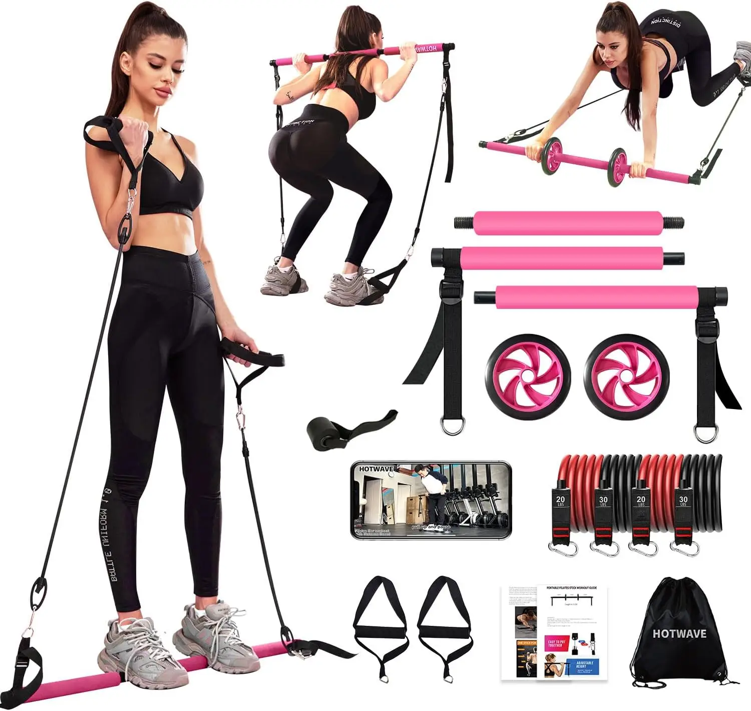 HOTWAVE Pilates Barbell Set with 4 Resistance Bands for Legs, Buttocks, Waist, Arms, Squats, Pilates Fitness Equipment for Home Workouts, Adjustable L